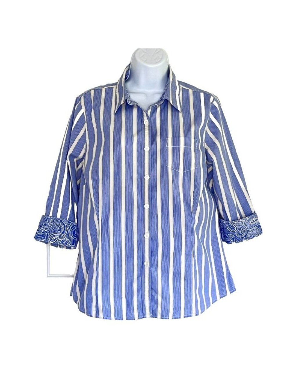 LL Bean Womens Button Up Top Shirt sz L Striped Contrasting Cuffs Coastal Beach